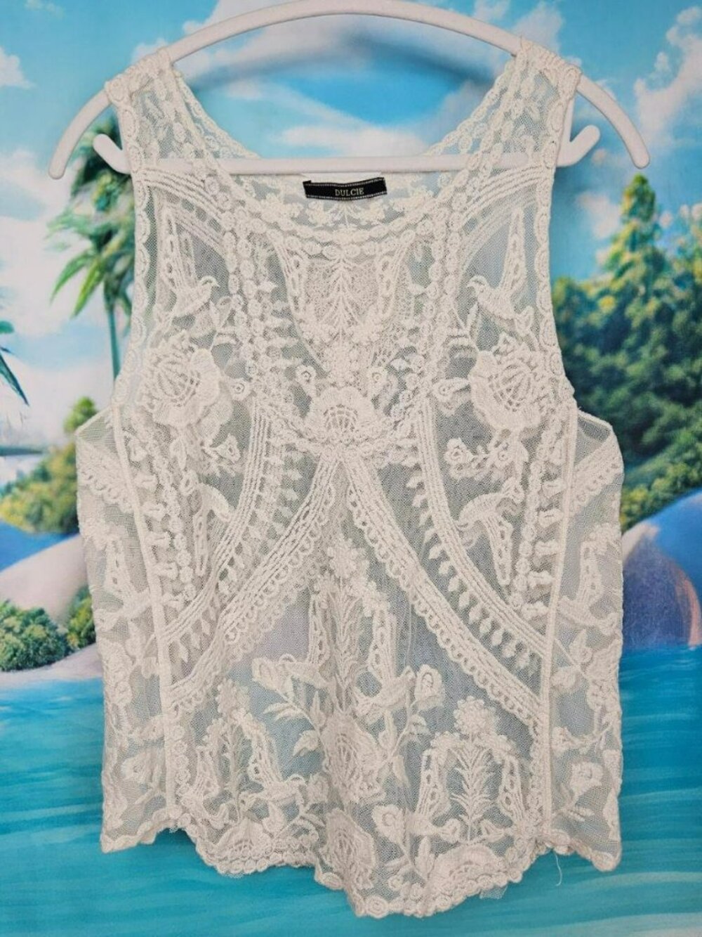 White Lace Sheer Sleeveless Tank Top Shirt Womens L Pretty Cottage Fairy Dulcie